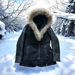 Rudsak Suzy black winter coat down filled with fur and leather trim Sz Women’s M